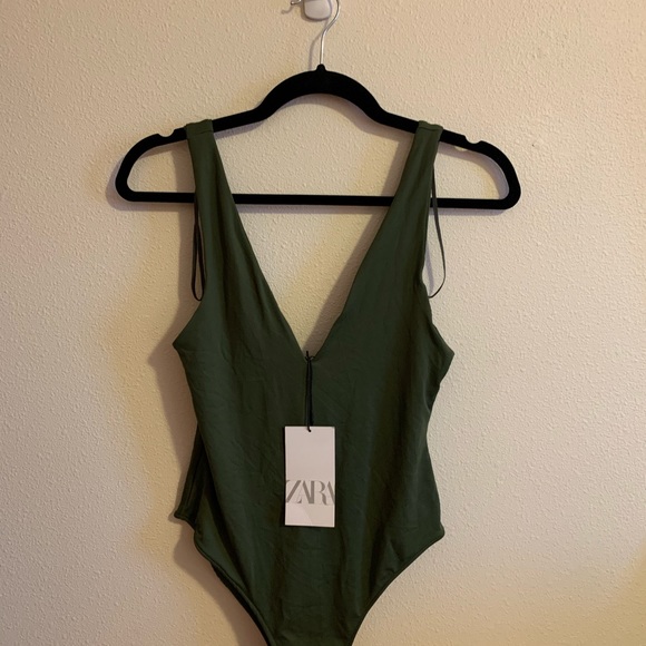 Zara Tops - SOLD- NWT Zara Olive Deep V Bodysuit Medium